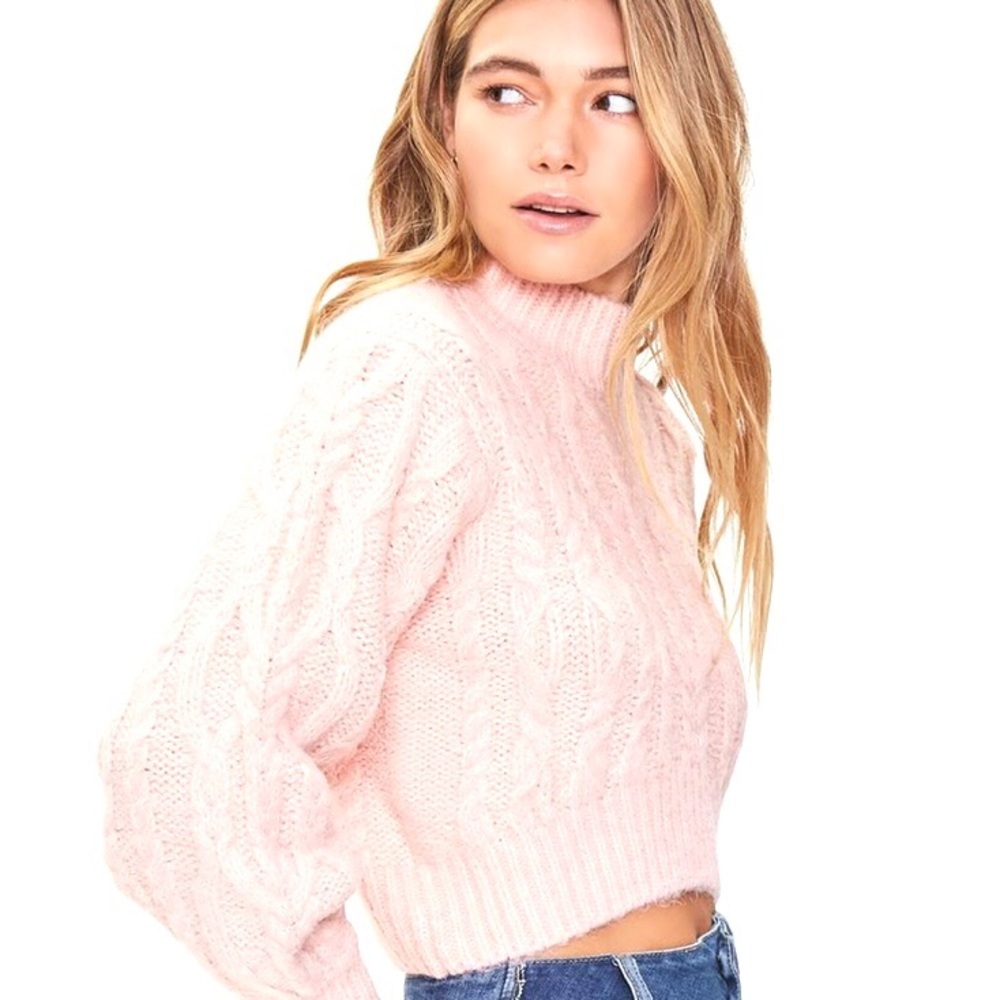 BLANK NYC Cable Knit Cropped Chenille Dolman Sleeve Sweater, light pink